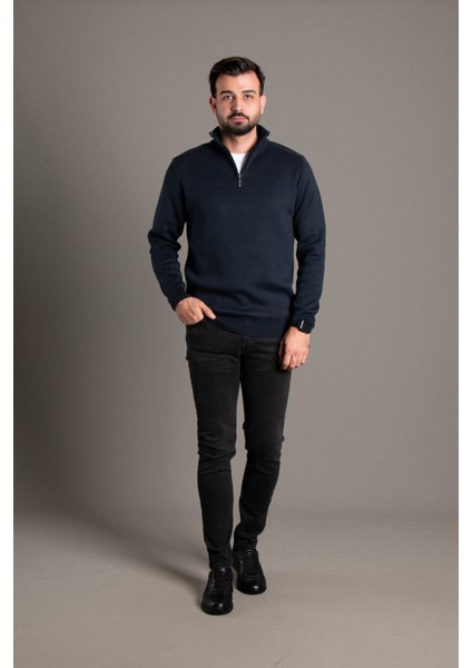 Erkek Lacivert Fermuarlı Dik Yaka Triko modelleri