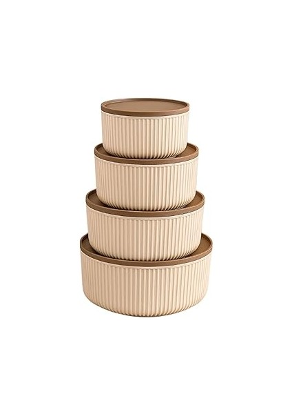 4'lü Saklama Kabı Seti, Çizgili Bej Plastik, Bpa Içermeyen, Mikrodalga ve Dondurucu Uyumlu,