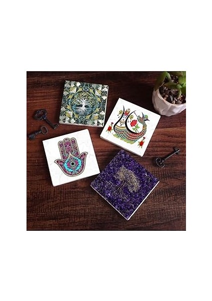 Pinecone Stone Hayat Ağacı, Fatma Ana Eli (Hamsa), Şahmeran Taş Bardak Altlığı Seti - 4 Parça - Dek