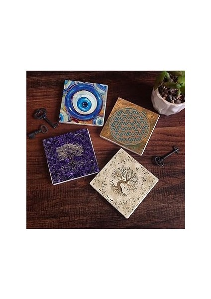 Pinecone Stone Nazar, Yaşam Çiçeği, Hayat Ağacı Taş Bardak Altlığı Seti - 4 Parça - Dekoratif, Rust