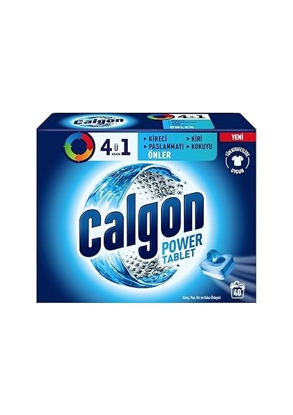 Calgon 4'ü 1 Arada Çamaşır Makinesi Kir, Kireç ve Koku Önleyici Tablet (1x 40 Tablet)