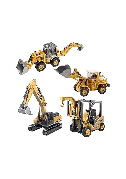Oyuncak Kutulu Metal Başlıklı Iş Makinaları Seti Kepçe Bulldozer Forklift 4 Ü 1 Arada Set Sürtmeli