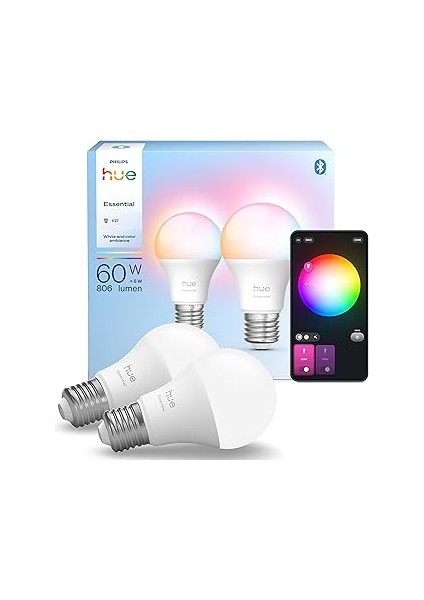 Hue Essential 8W E27 806 Lumen Renkli Akıllı Ampul A60 (2'li Ekopaket)