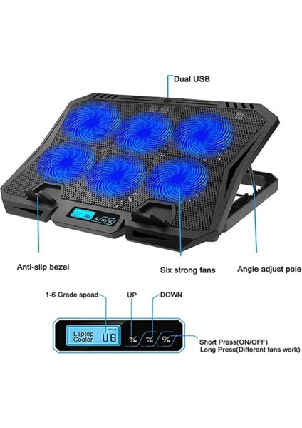 X6A Gaming Pad 6 Fanlı Notebook Laptop Soğutucu Fan Mavi LED Işıklı Dizüstü Bilgisayar Standı Stant