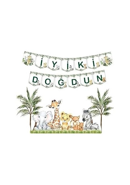 Hediye Sepeti Iyi Ki Doğdun Yazısı Doğum Günü Banner, Safari Konsept Temalı Flama, Baby Anima