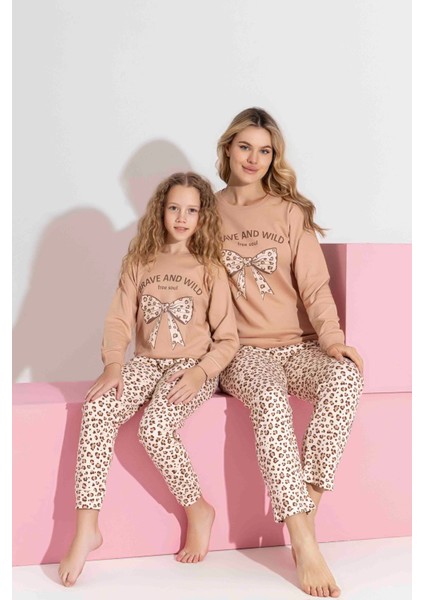 Anne-Kız Kombin Yapılabilir Uzun Kollu Kurdela ve Leopar Desenli Aile Bağı Pijama TAKIMI-3183