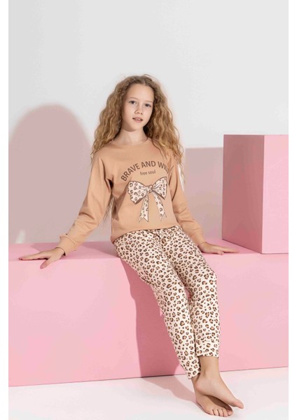 Anne-Kız Kombin Yapılabilir Uzun Kollu Kurdela ve Leopar Desenli Aile Bağı Pijama TAKIMI-3183 indirimleri