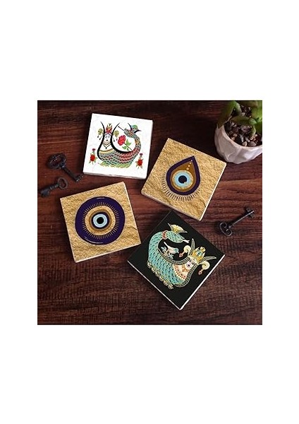 Pinecone Stone Nazar, Şahmeran Taş Bardak Altlığı Seti - 4 Parça - Dekoratif, Rustik Mutfak Aksesua