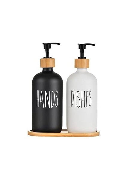 Cam Sıvı Sabunluk Seti, Bambu Kapaklı, Siyah ve Beyaz, 500ML, Mutfak Banyo Için El ve Bulaşı