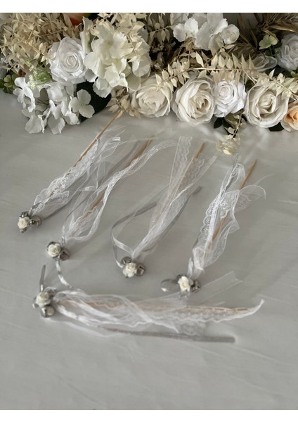 Çubuklu Kına Zili Beyaz&gümüş 10'lu Paket (Kurdele Dantel Kağıt Gül Süslemeli) Kına Çubuk Zil