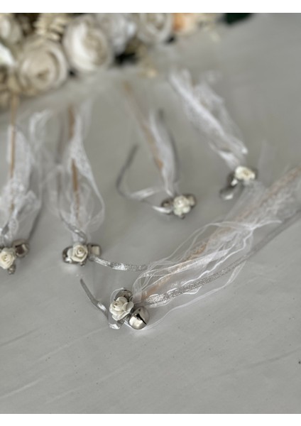 Çubuklu Kına Zili Beyaz&gümüş 10'lu Paket (Kurdele Dantel Kağıt Gül Süslemeli) Kına Çubuk Zil fiyatları