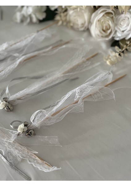 Çubuklu Kına Zili Beyaz&gümüş 10'lu Paket (Kurdele Dantel Kağıt Gül Süslemeli) Kına Çubuk Zil modelleri