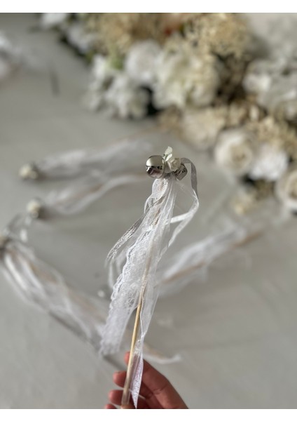 Çubuklu Kına Zili Beyaz&gümüş 10'lu Paket (Kurdele Dantel Kağıt Gül Süslemeli) Kına Çubuk Zil fırsatları