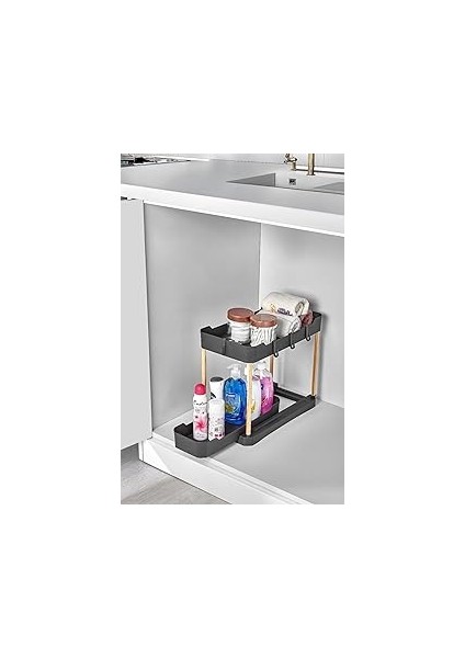 Sev Plastik Iki Katlı Dolap Içi/tezgah Üstü Fonksiyonel Organizatör Ahşap Ayaklı Siyah