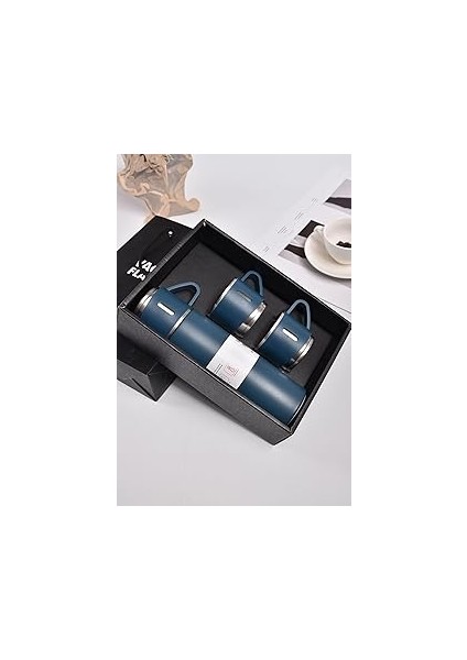 Paslanmaz Çelik Termos 3 Bardaklı Termos Seti Özel Kutulu Vakumlu Termos Set Çok Renkli Lacivert