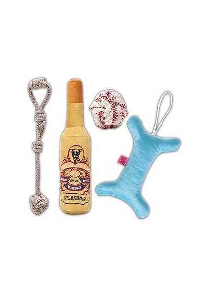 Proud Wave Köpek Oyuncağı Dörtlü Toplu Çekiştirmeli Halat - Şişe Peluş Kemik Köpek Eğitim Oyuncağı