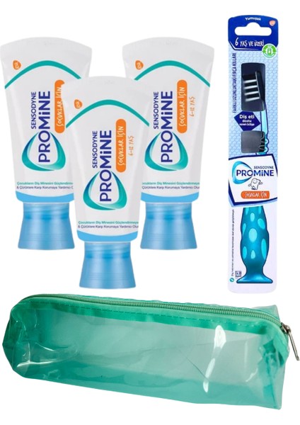 Promine Çocuk Diş Macunu 50ML x 3 Adet +Promine 6 Yaş ve Üzeri Çocuklar Için Yumuşak Diş Fırçası + Çanta