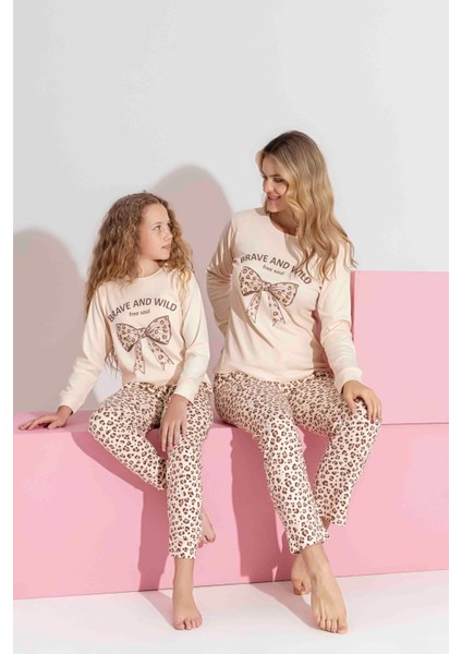 Anne-Kız Kombin Yapılabilir Uzun Kollu Kurdela ve Leopar Desenli Aile Bağı Pijama TAKIMI-3183