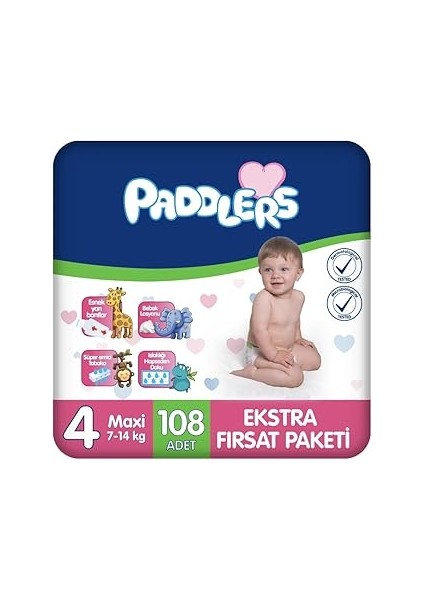 Paddlers Bebek Bezi 4 Numara Maxi 108 Adet (7-14 Kg) Ekstra Fırsat Paketi