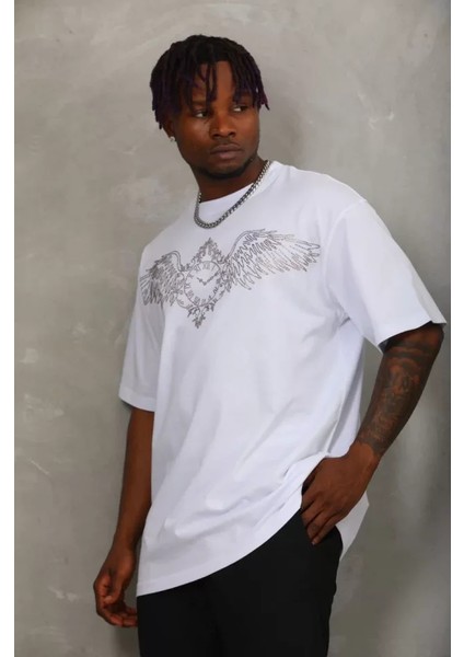 Unisex Oversize Taşlı Bisiklet Yaka T-Shirt - Beyaz modelleri