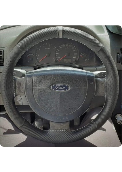 Dikişli Deri Direksiyon Kılıfı Karbon / Nokta Deri Gri Yüzük Gri Dikiş F.ord Connect Için