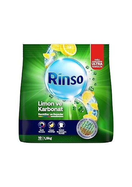 Rinso Toz Çamaşır Deterjanı Limon ve Karbonat Renkliler ve Beyazlar Için 1,5 kg