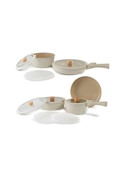 Neoflam Midas Bej 15 Parça Ayrılabilen Saplı Iç Içe Geçebilen Indüksiyonlu Tencere Tava Seti