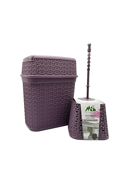 Efe Mark Hasır Desenli Çöp Kovası ve Klozet Fırçası Seti, Mürdüm