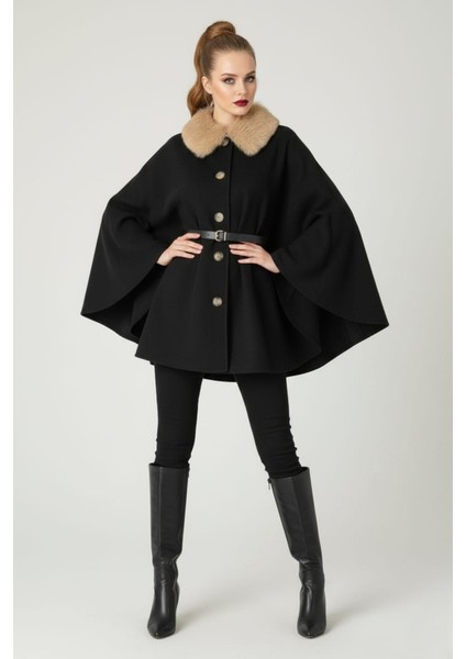 Kadın Yakası Kürklü Düğme Detaylı Beli Kemerli Panço Kaşe Kaban