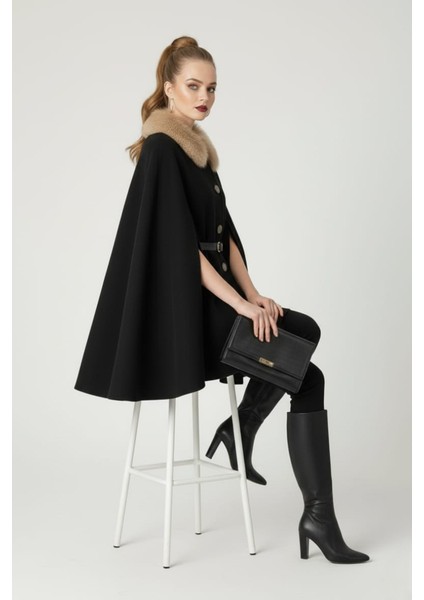 Kadın Yakası Kürklü Düğme Detaylı Beli Kemerli Panço Kaşe Kaban fiyatları