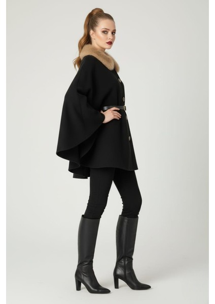 Kadın Yakası Kürklü Düğme Detaylı Beli Kemerli Panço Kaşe Kaban modelleri