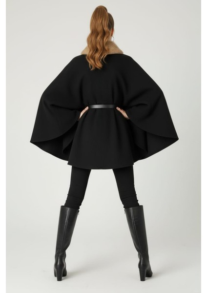 Kadın Yakası Kürklü Düğme Detaylı Beli Kemerli Panço Kaşe Kaban fırsatları