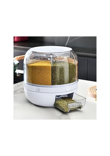 Çok Bölmeli Bakliyat Saklama Kabı, 6 kg Kapasiteli, 360 Derece Dönebilir