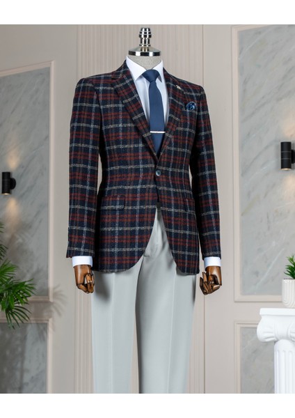 Italyan Stil Slim Fit Ekose Erkek Ceket Lacivert T13438