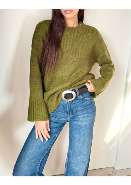 Kadın Bisiklet Yaka Oversize Triko Kazak Yeşil- Olive Green