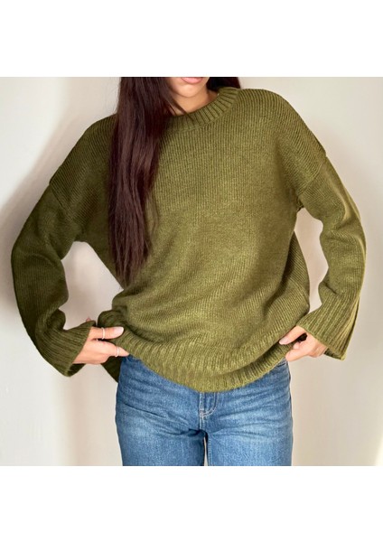 Kadın Bisiklet Yaka Oversize Triko Kazak Yeşil- Olive Green fiyatları