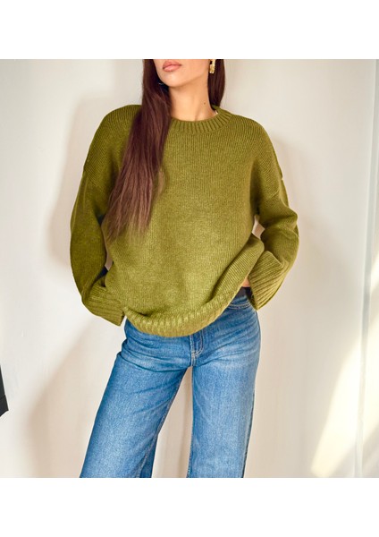 Kadın Bisiklet Yaka Oversize Triko Kazak Yeşil- Olive Green modelleri