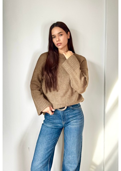 Kadın Bisiklet Yaka Oversize Triko Kazak Vizon