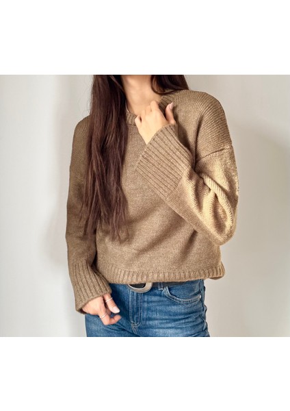 Kadın Bisiklet Yaka Oversize Triko Kazak Vizon fiyatları