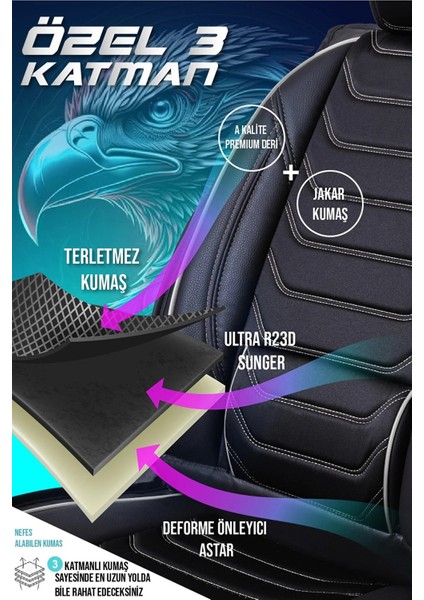 Fiat Egea Sedan Uyumlu Yarı Deri Oto Koltuk Kılıfı 5li Set Alya Seri Siyah-Beyaz fırsatları