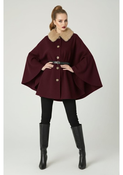 Kadın Yakası Kürklü Düğme Detaylı Beli Kemerli Panço Kaşe Kaban