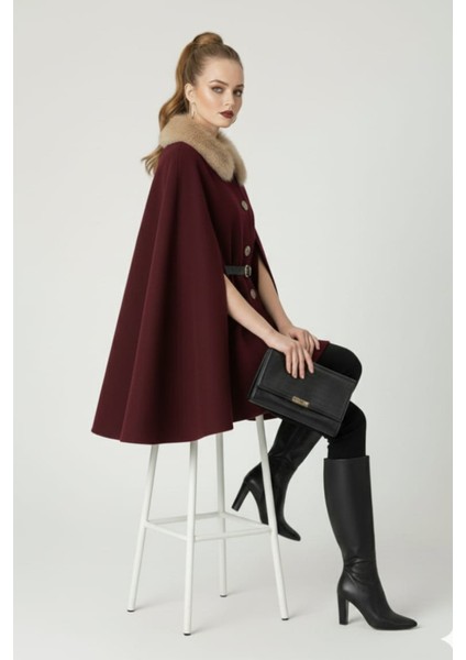 Kadın Yakası Kürklü Düğme Detaylı Beli Kemerli Panço Kaşe Kaban fiyatları