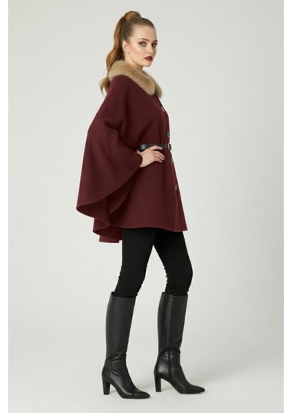 Kadın Yakası Kürklü Düğme Detaylı Beli Kemerli Panço Kaşe Kaban modelleri