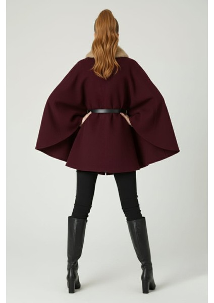 Kadın Yakası Kürklü Düğme Detaylı Beli Kemerli Panço Kaşe Kaban fırsatları