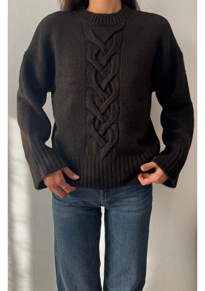 Kadın Yün Karışımlı Örgü Detaylı Yumuşak Oversize Kazak- Kahverengi fiyatları