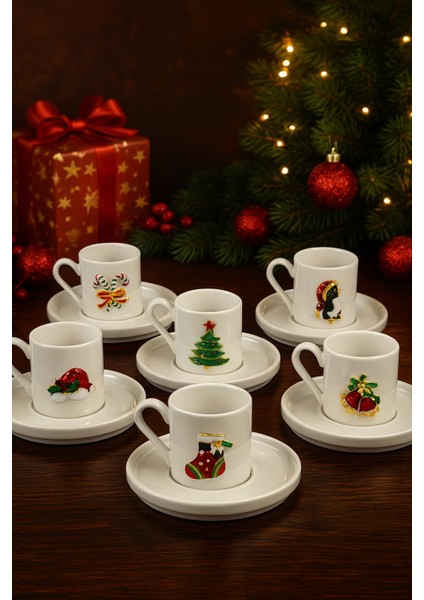 6 Kişilik Porselen Yılbaşı Metal Figürlü Kahve Fincan Takımı Seti Yeni Yıl Hediyesi 90ML