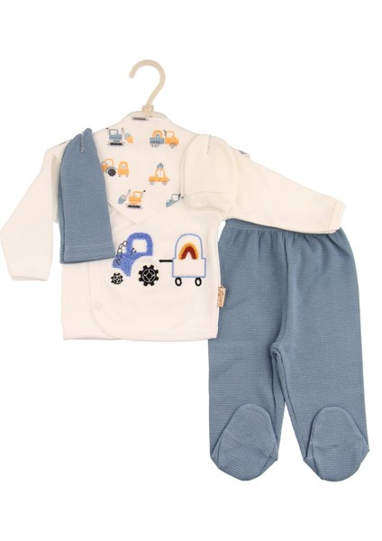 Traktör Işlemeli 3’lü Erkek Bebek Zıbın Takımı – Üst + Patikli Alt + Omuz Bezi – 03 Ay