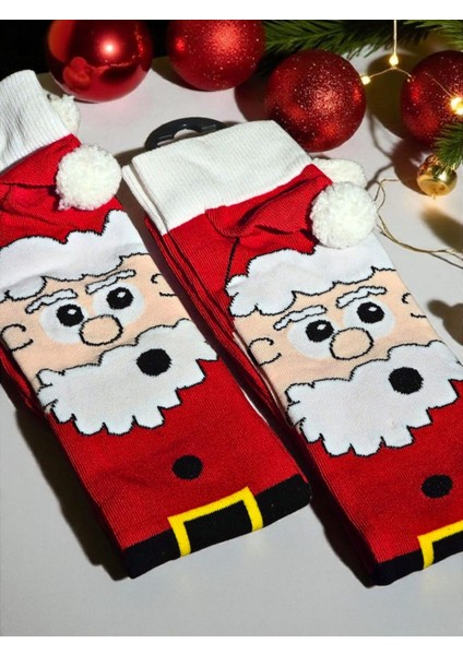 - Yılbaşı Temalı Pon Pon Detaylı Dizaltı Çorap – Özel Tasarım - Hediye Paketli