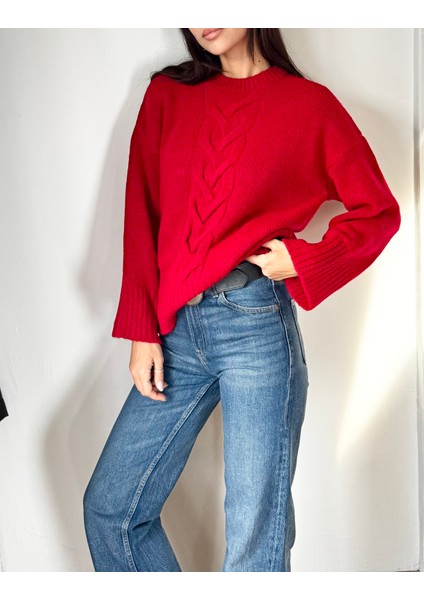 Kadın Yün Karışımlı Örgü Detaylı Yumuşak Oversize Kazak- Kırmızı