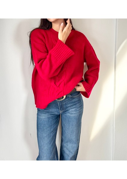 Kadın Yün Karışımlı Örgü Detaylı Yumuşak Oversize Kazak- Kırmızı fiyatları